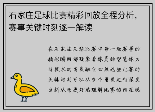 石家庄足球比赛精彩回放全程分析，赛事关键时刻逐一解读